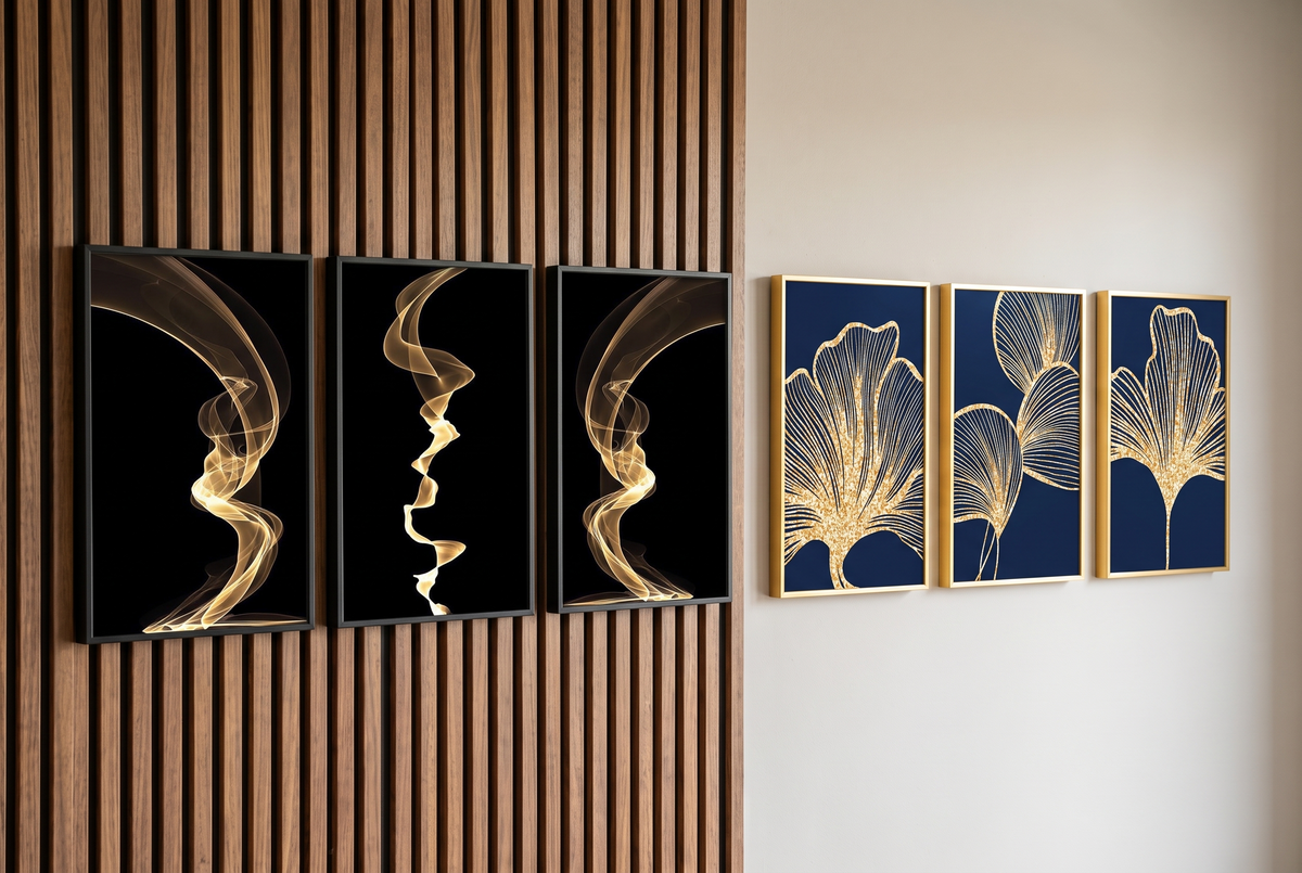 Wall Decor & Panels collection featuring a slat panel and two framed wall art pieces