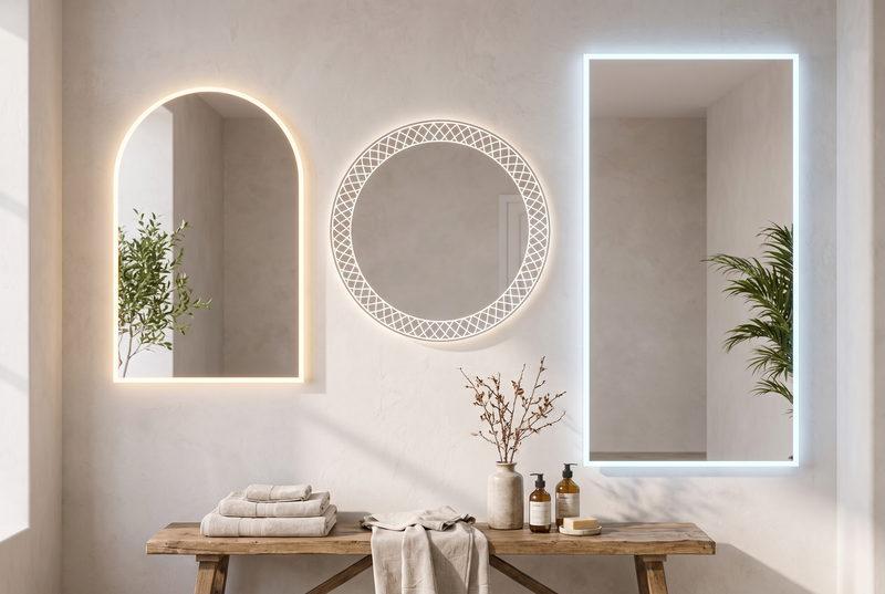 Mirrors collection featuring an arched, a round, and an oversized LED mirror