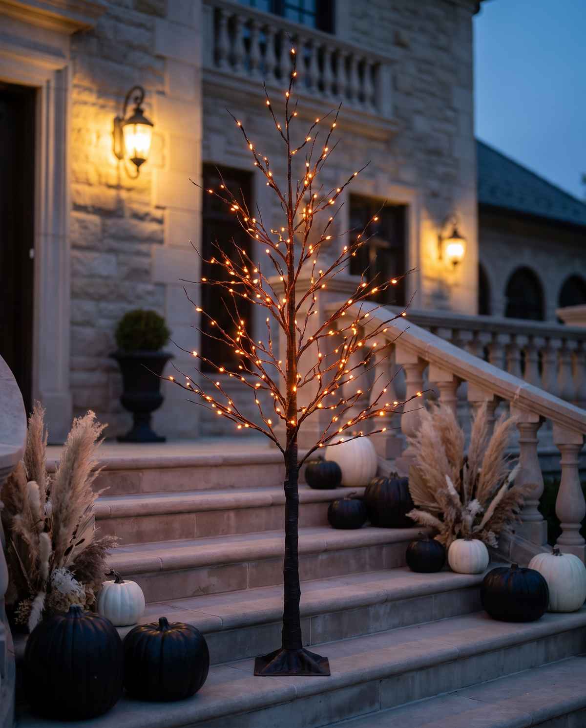 Halloween Decor collection - black twig tree with warm LED glow on mansion steps