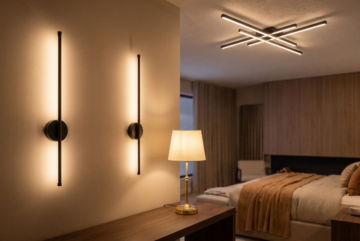 Lighting collection featuring a ceiling light, wall sconce, and table lamp