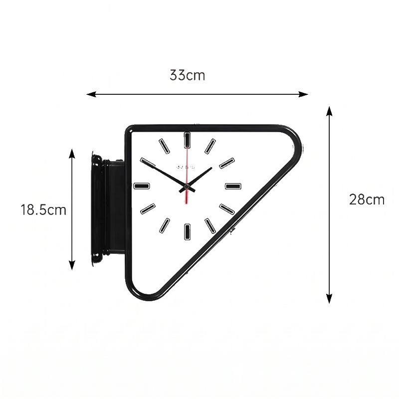 Nova Triangle Double-Sided Corner Wall Clock dimensions: 33cm width, 28cm height, 18.5cm depth