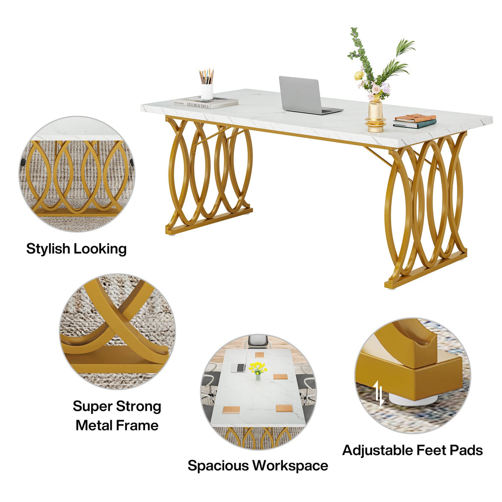 63" White & Gold Faux Marble Meeting Desk