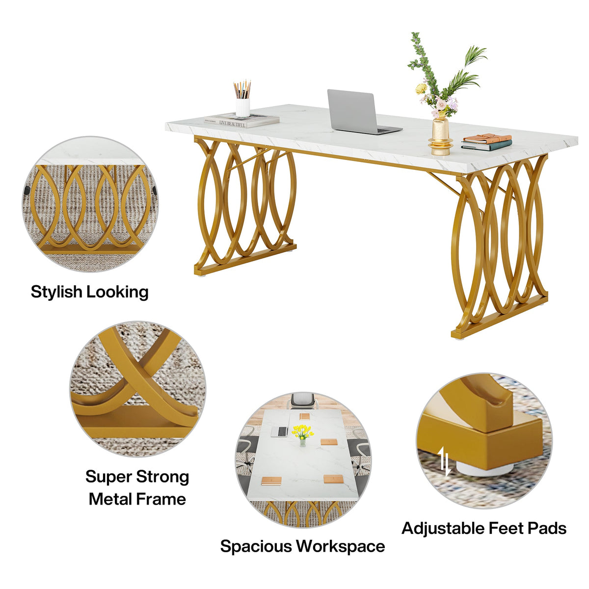 63" White & Gold Faux Marble Meeting Desk