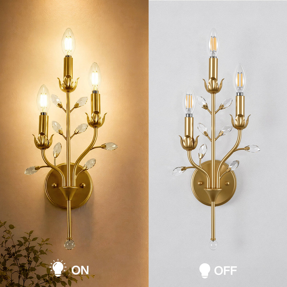 3-Light Gold Crystal Wall Sconce, Floral Vine Candle Wall Light