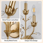 3-Light Gold Crystal Wall Sconce, Floral Vine Candle Wall Light