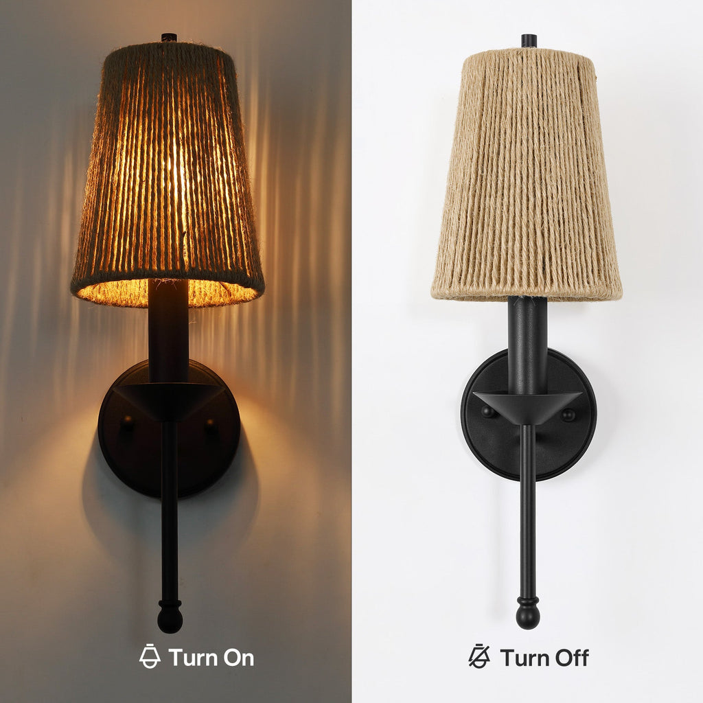 2 Pack Boho Wall Sconce, Handmade Jute Wall Light with Black Metal Base