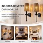 2 Pack Boho Wall Sconce, Handmade Jute Wall Light with Black Metal Base