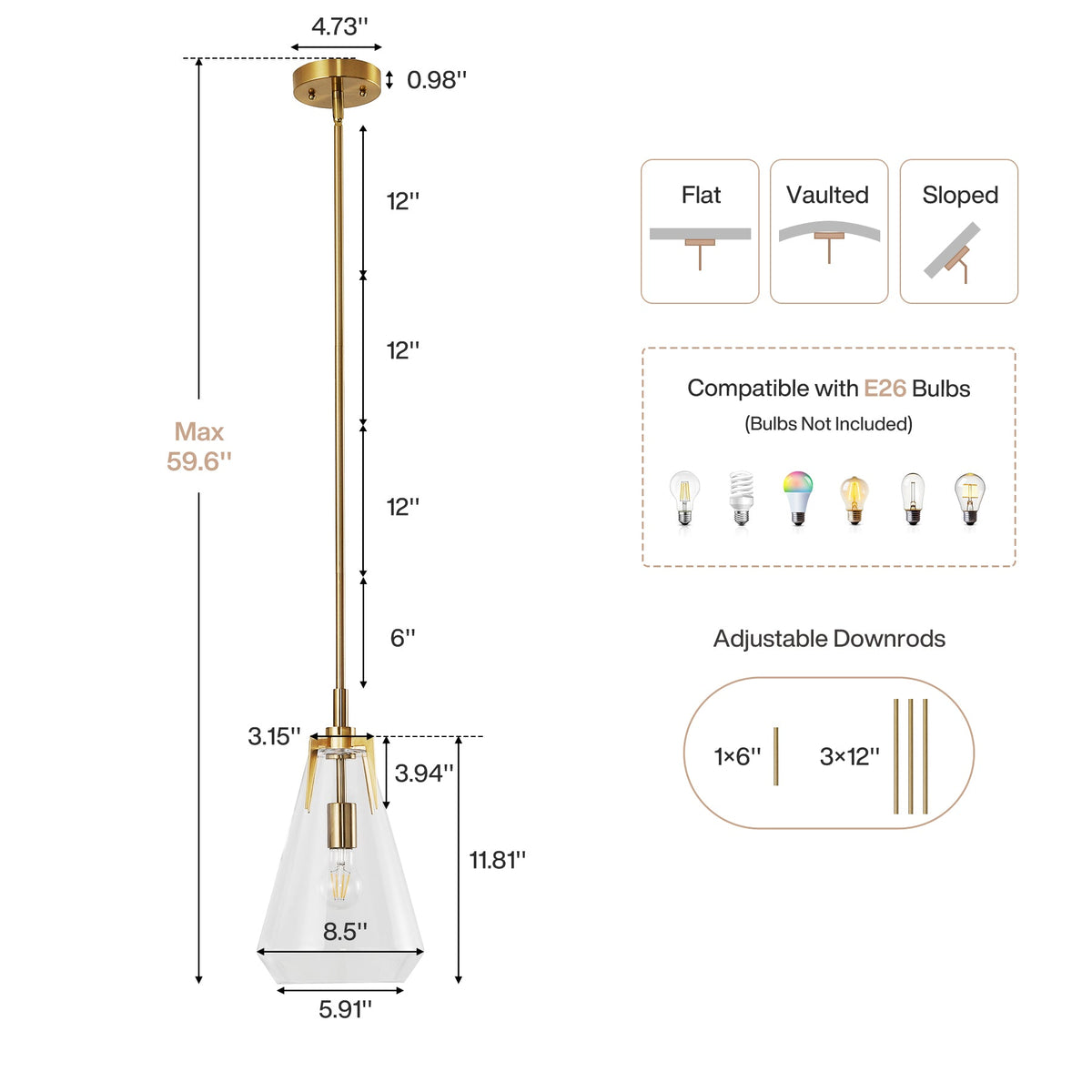 8.5" Single Pendant Light , Modern Hanging Light Fixture with Clear Glass Shade