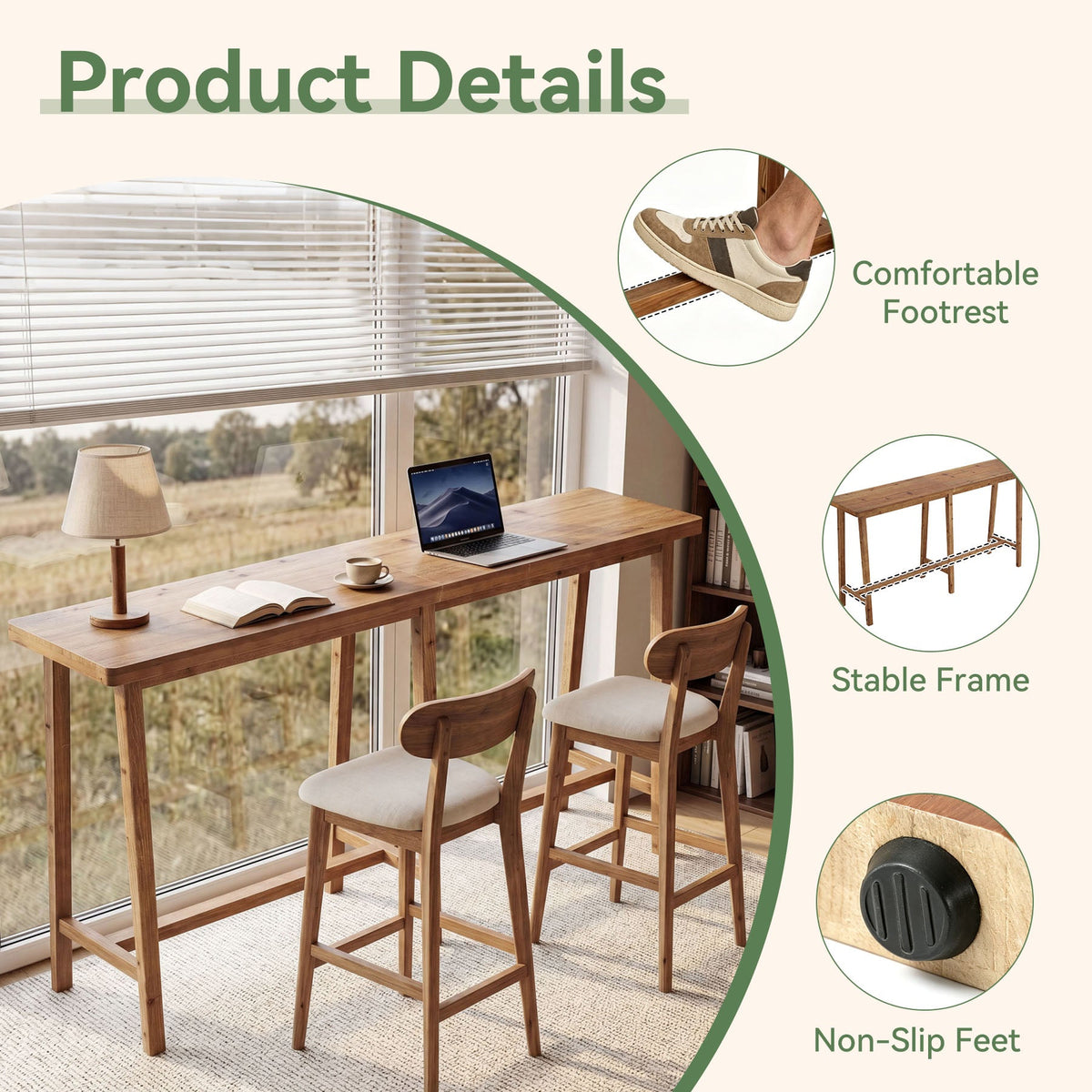 78.7" Solid Wood Rectangular Bar Table