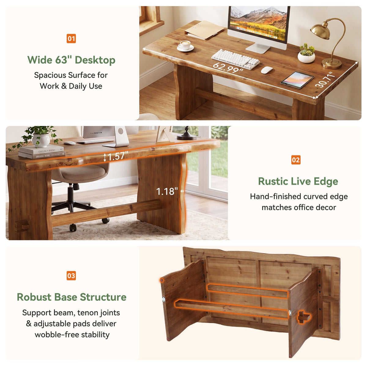 63" Live Edge Solid Wood Executive Desk