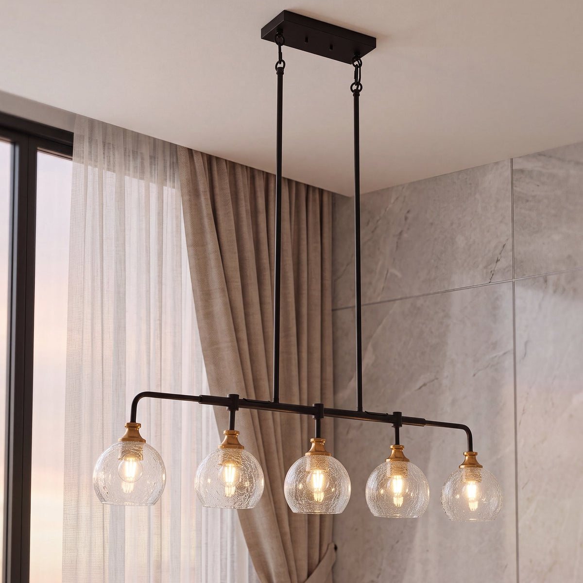 5-Light Pendant Lights, Kitchen Island Chandelier with Clear Crackle Glass Shades & Adjustable Height