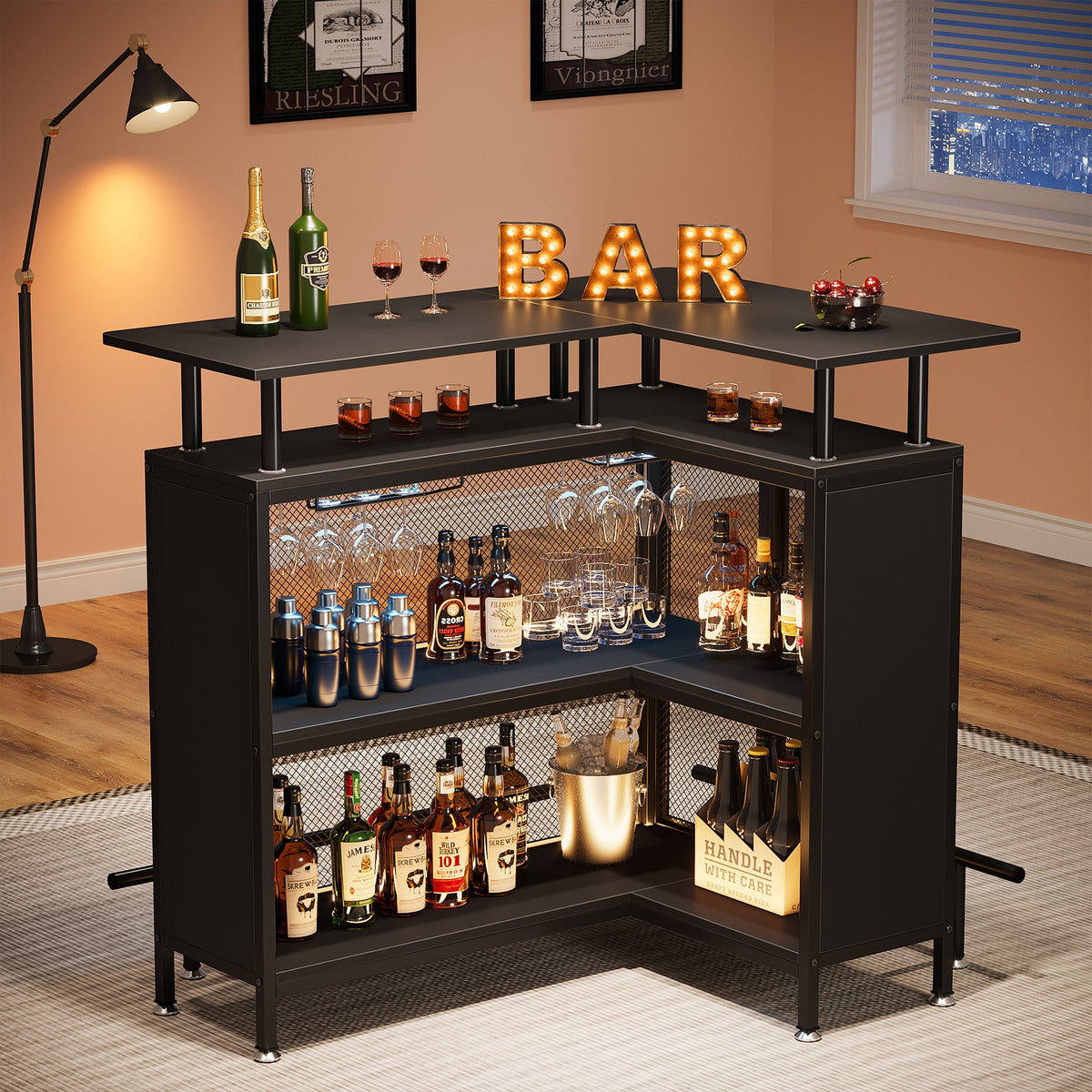 L-Shaped Home Bar Unit with Glass Holders