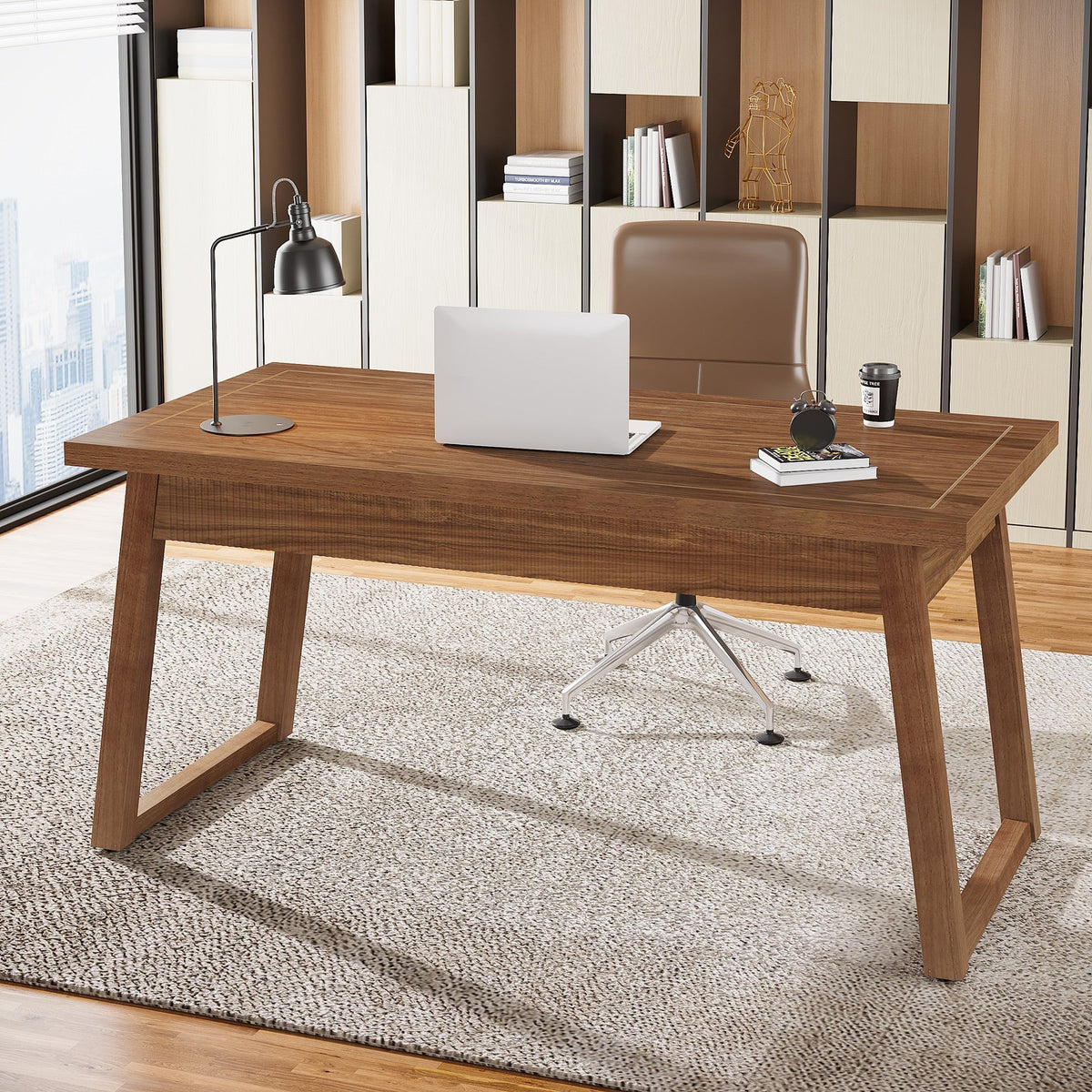 55" Mid-Century Desk with Drawer, Solid Wood Legs