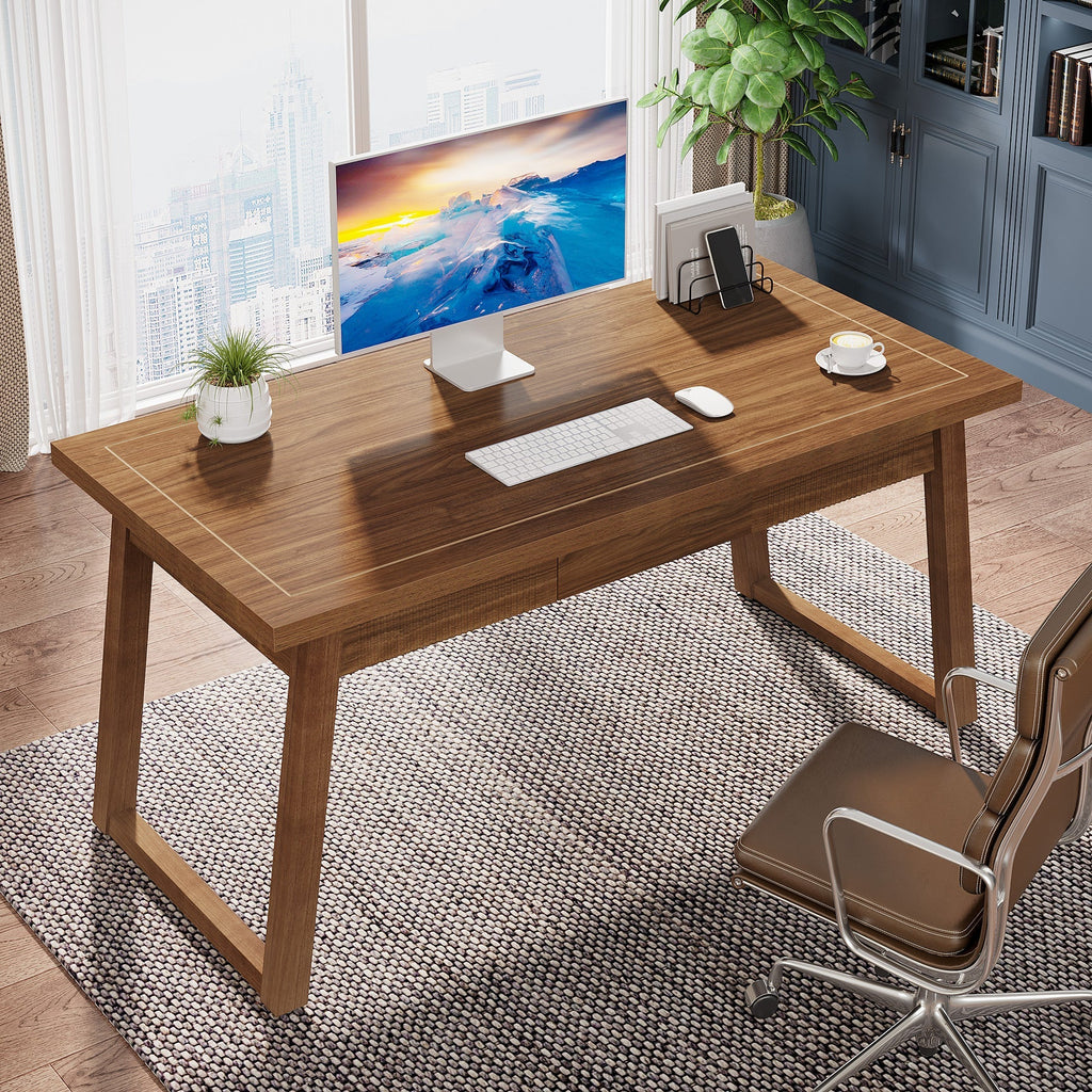 55" Mid-Century Desk with Drawer, Solid Wood Legs