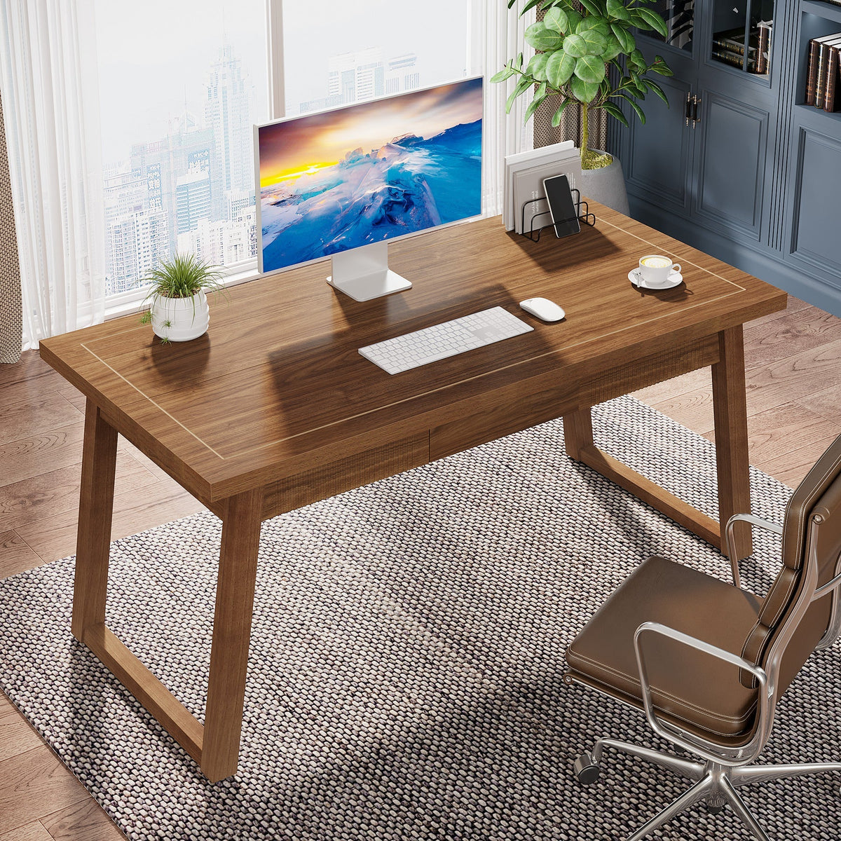 55" Mid-Century Desk with Drawer, Solid Wood Legs