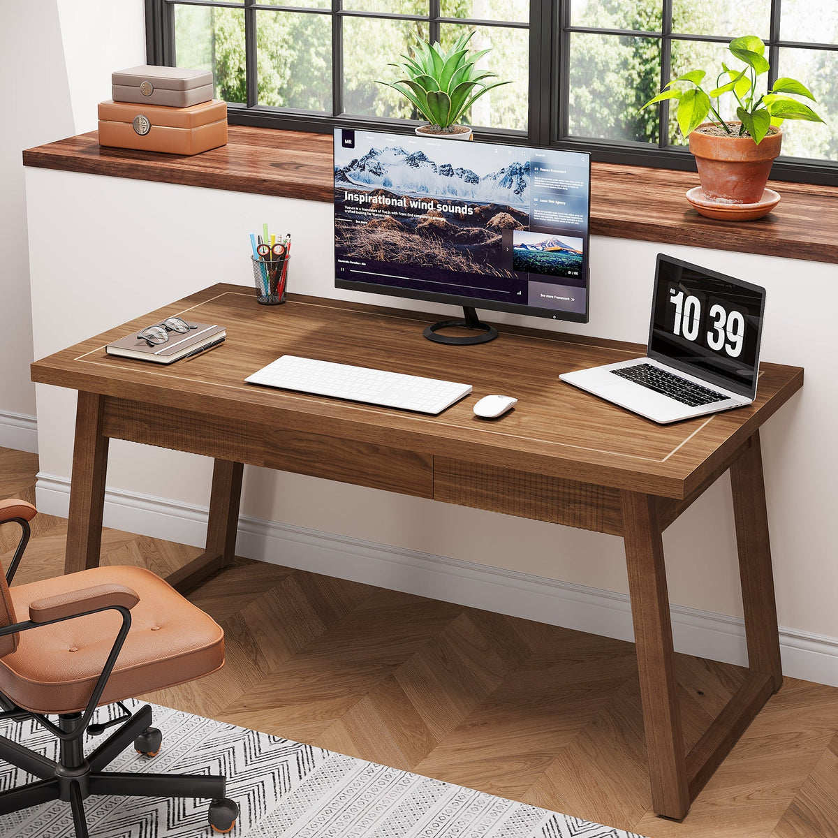 55" Mid-Century Desk with Drawer, Solid Wood Legs