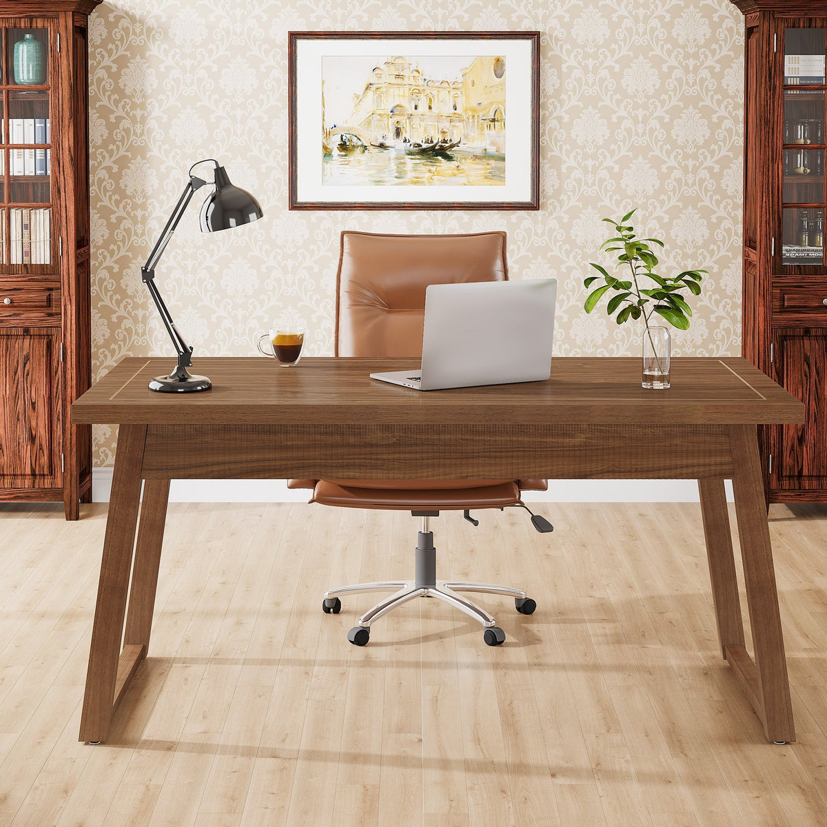 55" Mid-Century Desk with Drawer, Solid Wood Legs