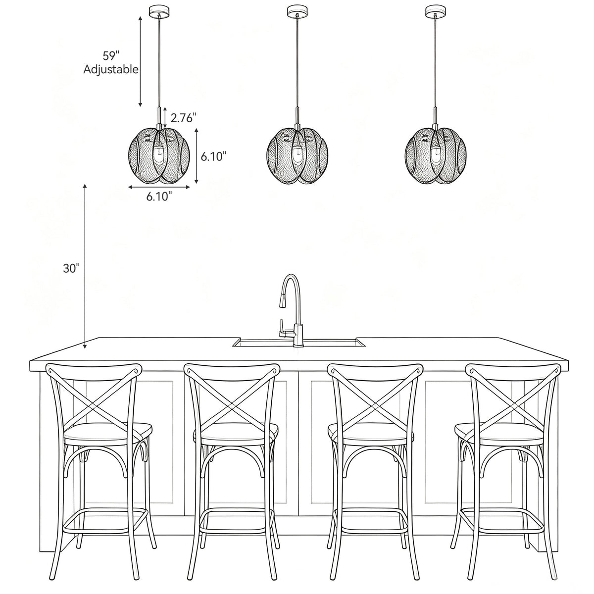 1-Light Pendant Light with Smoky Glass Shade & Adjustable Height