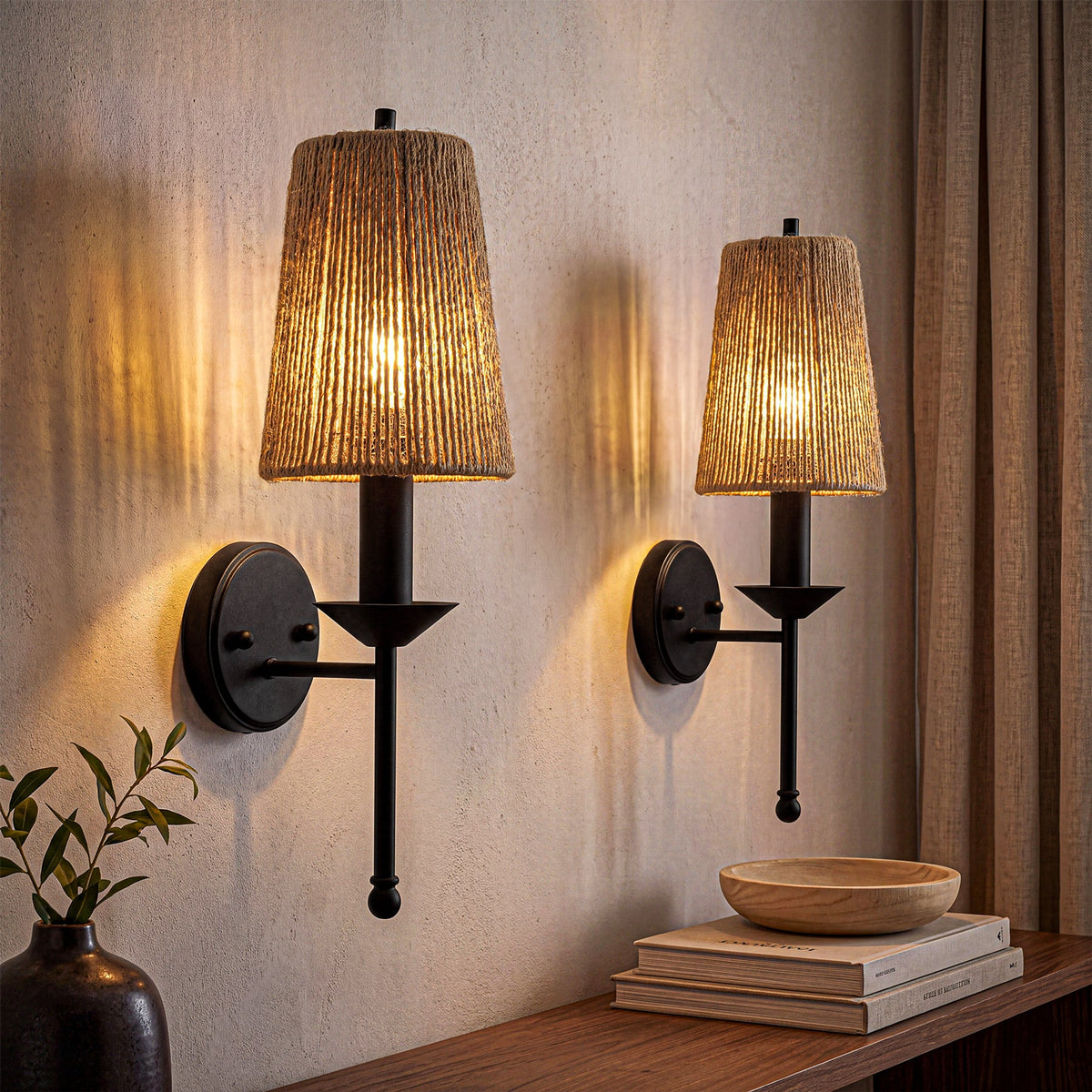2 Pack Boho Wall Sconce, Handmade Jute Wall Light with Black Metal Base