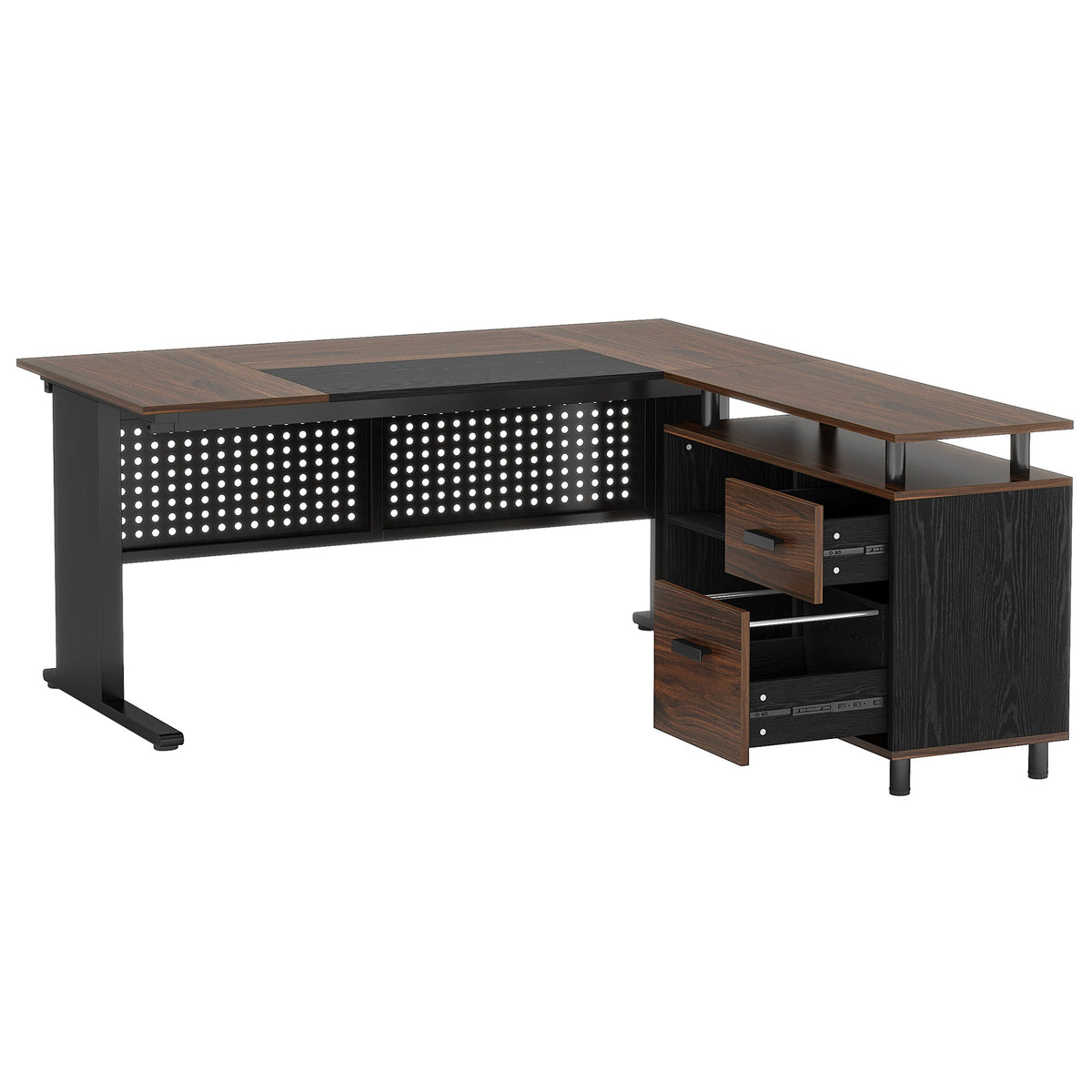 Industrial L-Shaped Desk with File Cabinet