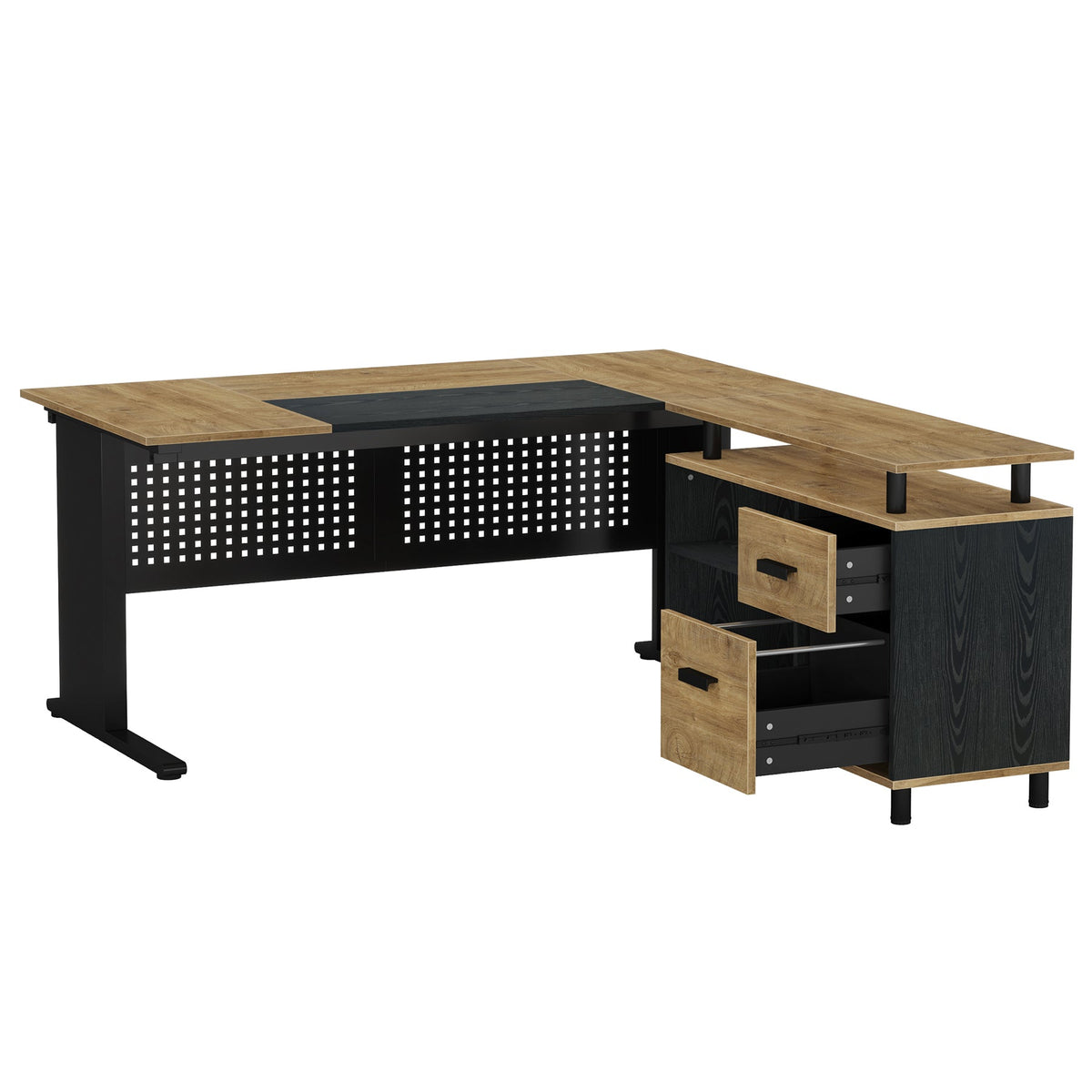 Industrial L-Shaped Desk with File Cabinet