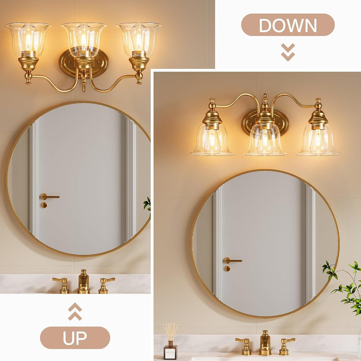 3-Light Bathroom Light Fixtures, Modern Wall Lights with Clear Glass Shade