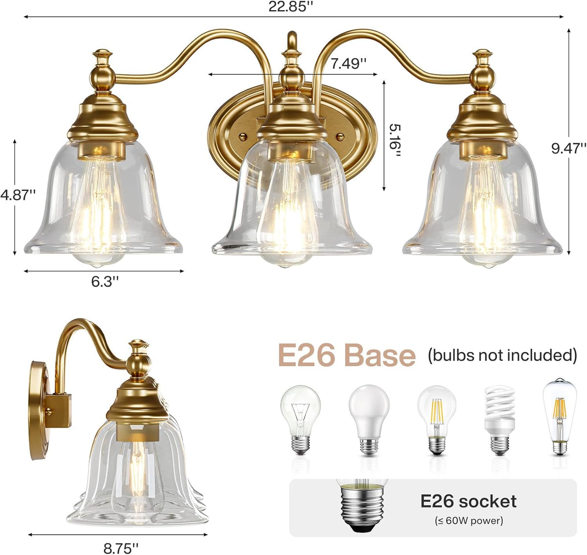 3-Light Bathroom Light Fixtures, Modern Wall Lights with Clear Glass Shade