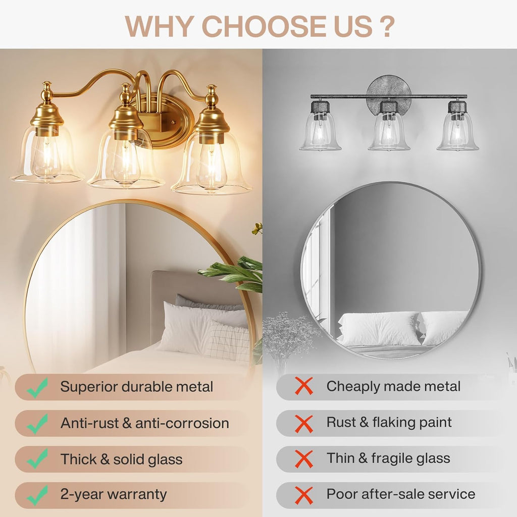 3-Light Bathroom Light Fixtures, Modern Wall Lights with Clear Glass Shade