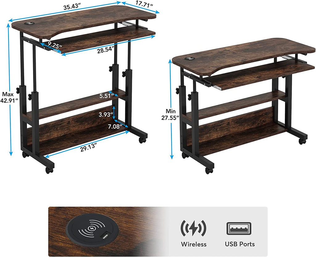 Adjustable Rolling Laptop Desk with Wireless Charging