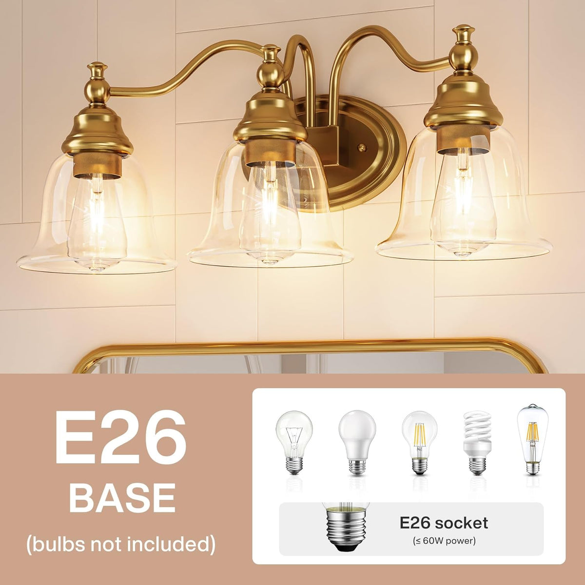 3-Light Bathroom Light Fixtures, Modern Wall Lights with Clear Glass Shade