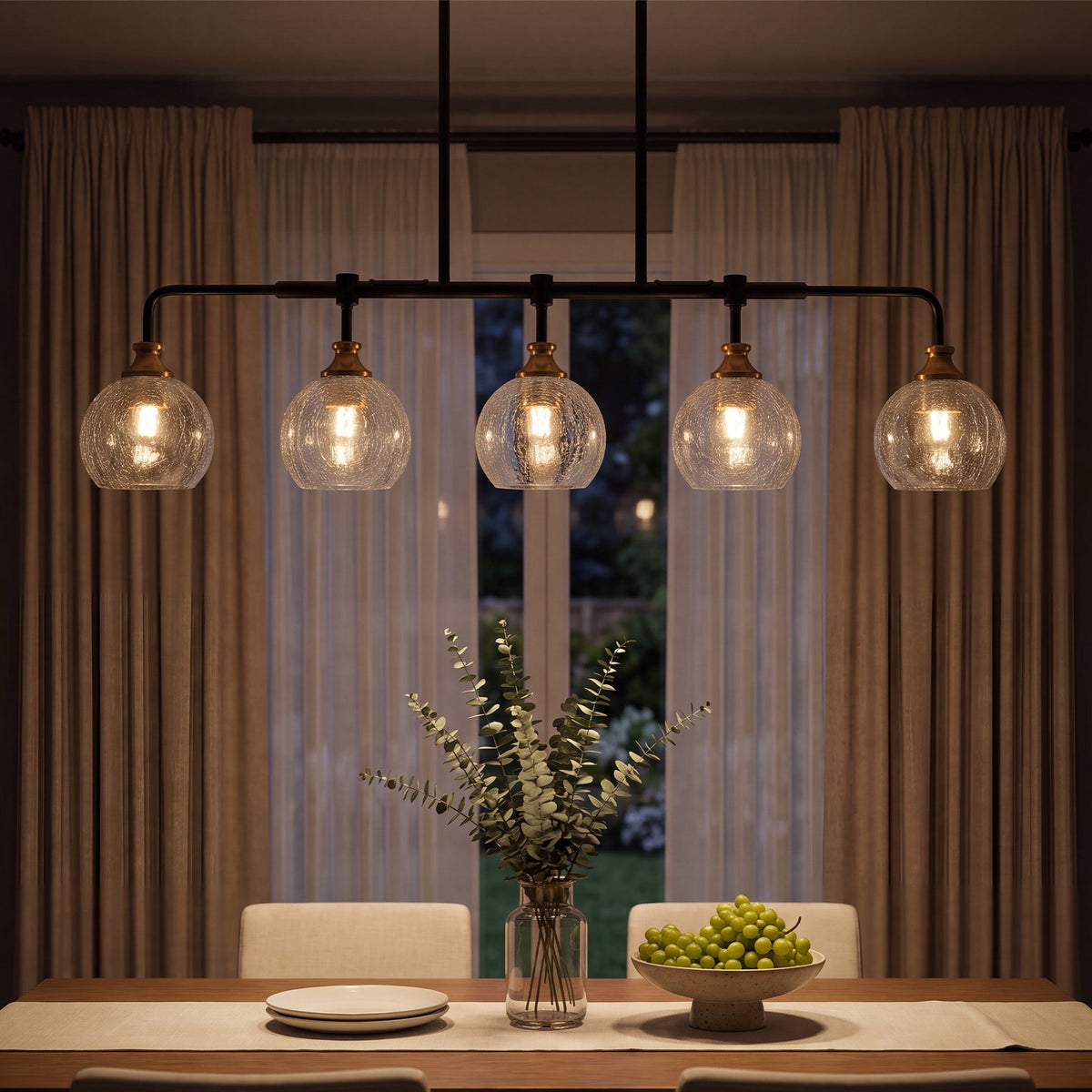 5-Light Pendant Lights, Kitchen Island Chandelier with Clear Crackle Glass Shades & Adjustable Height