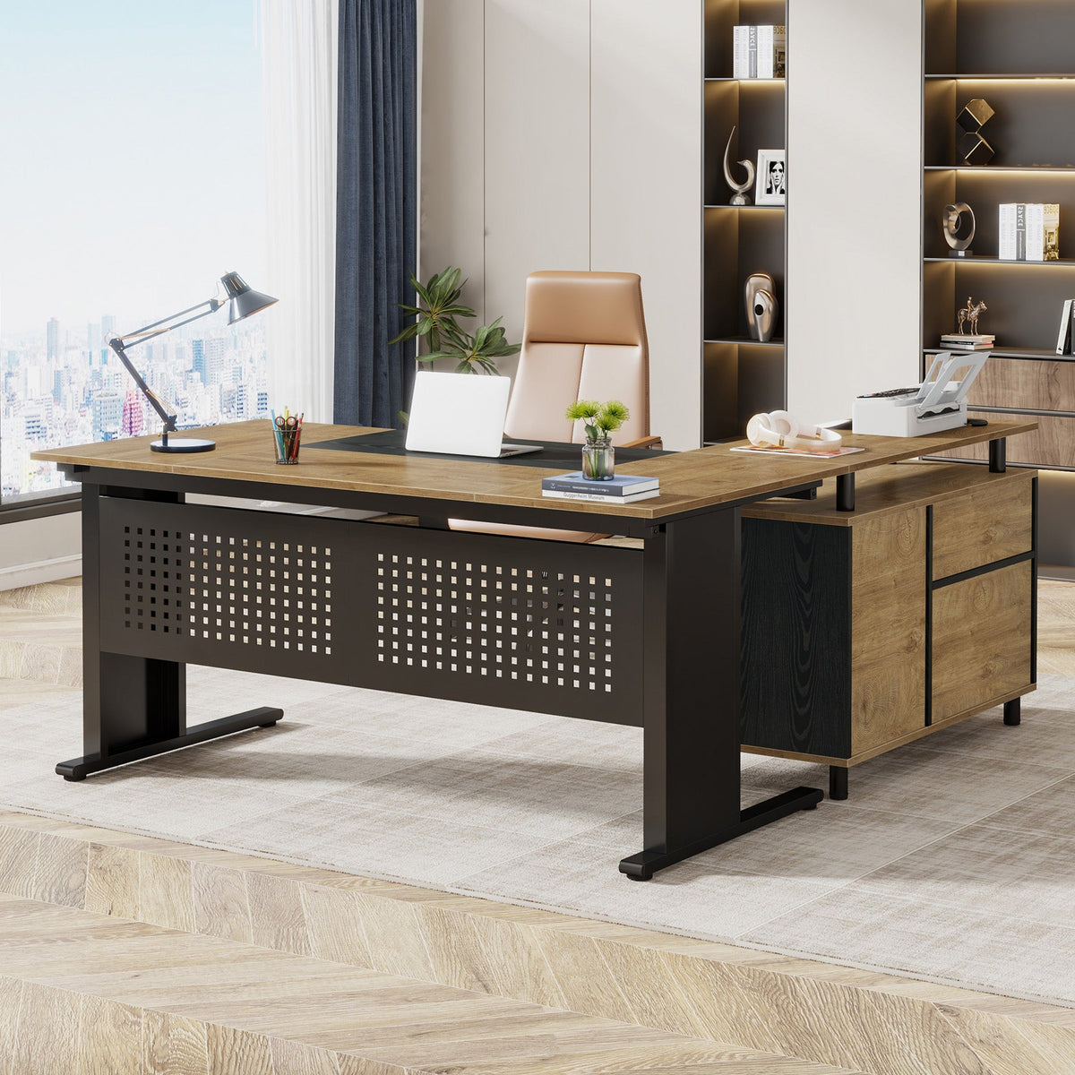 Industrial L-Shaped Desk with File Cabinet