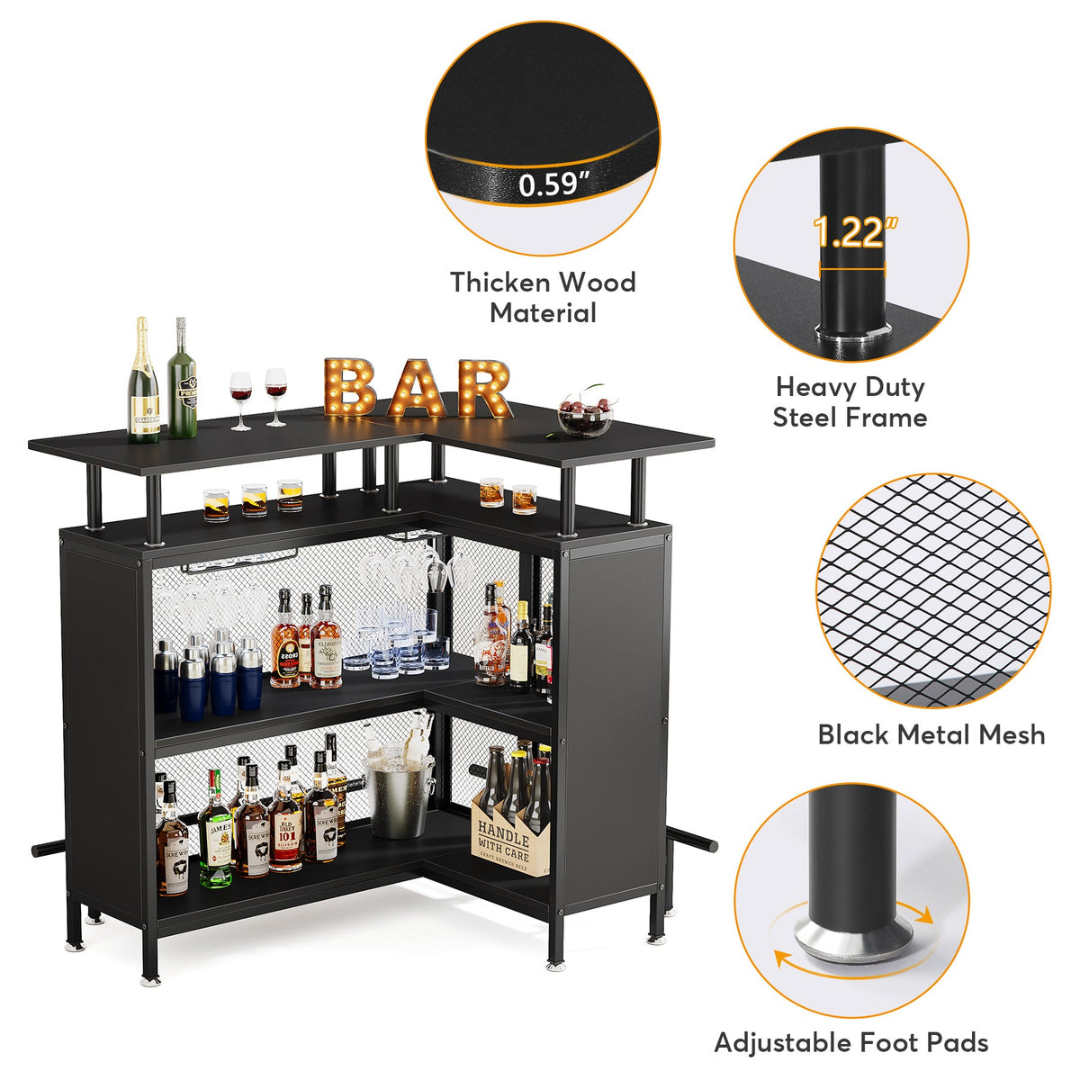 L-Shaped Home Bar Unit with Glass Holders