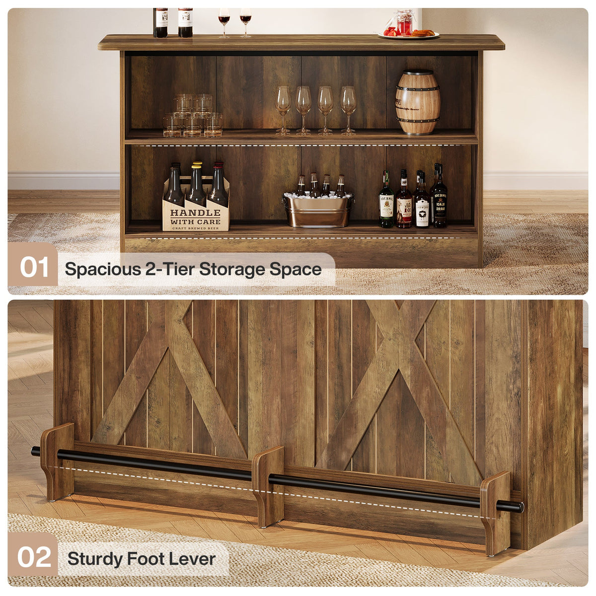 63" 2-Tier Home Bar Cabinet with Footrest