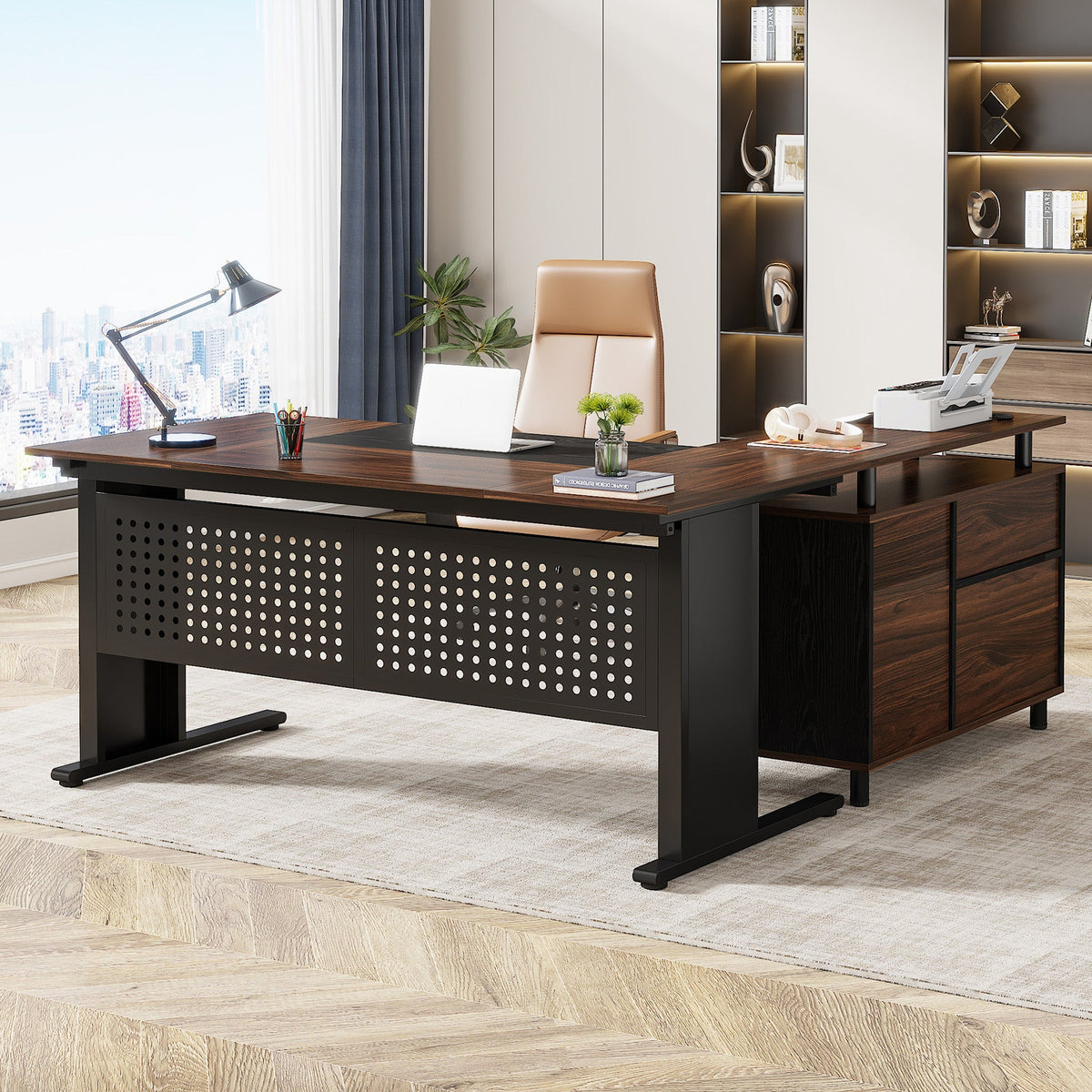 Industrial L-Shaped Desk with File Cabinet