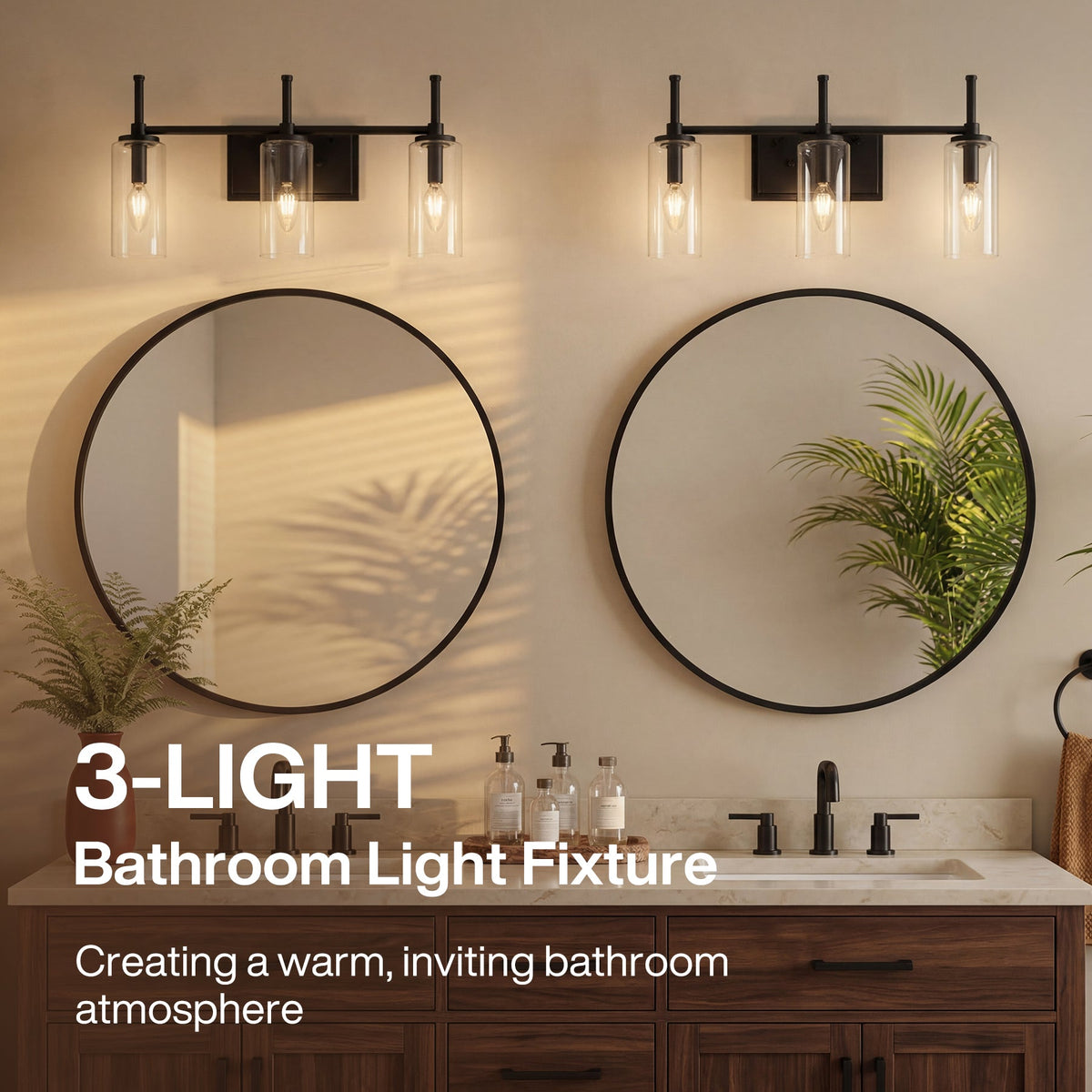 3-Light Vanity Light Fixture, Modern Bathroom Wall Sconce with Clear Glass Shades