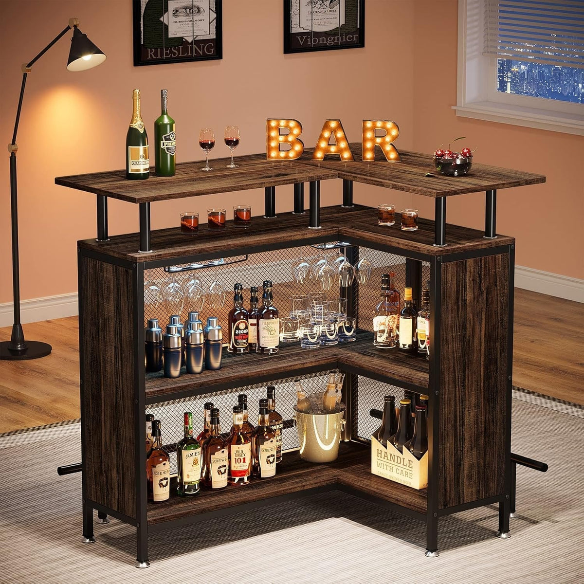 L-Shaped Home Bar Unit with Glass Holders