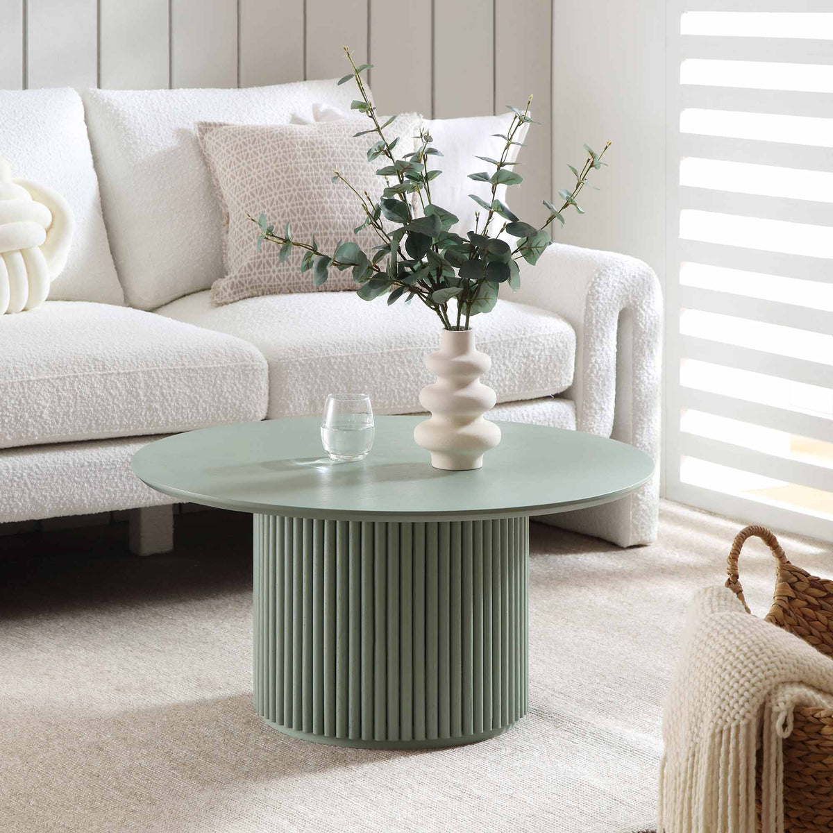 Maru Round Oak Pedestal Coffee Table — Sage Green