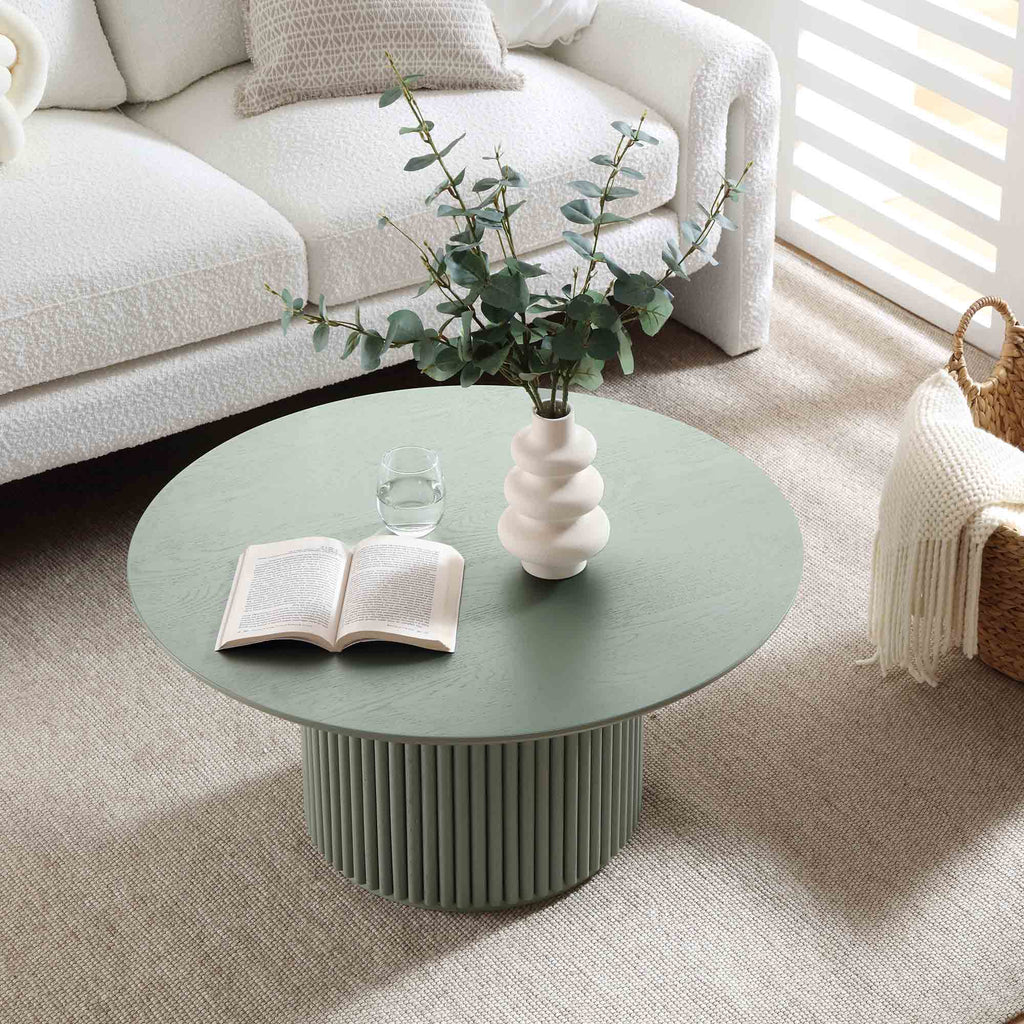 Maru Round Oak Pedestal Coffee Table — Sage Green