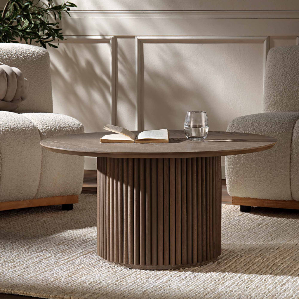 Maru Round Oak Pedestal Coffee Table — Silver Oak