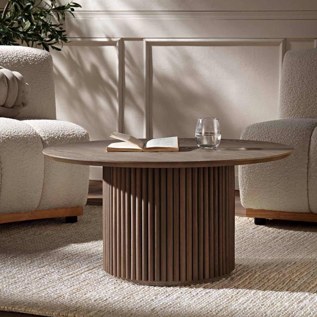 Maru Round Oak Pedestal Coffee Table — Silver Oak