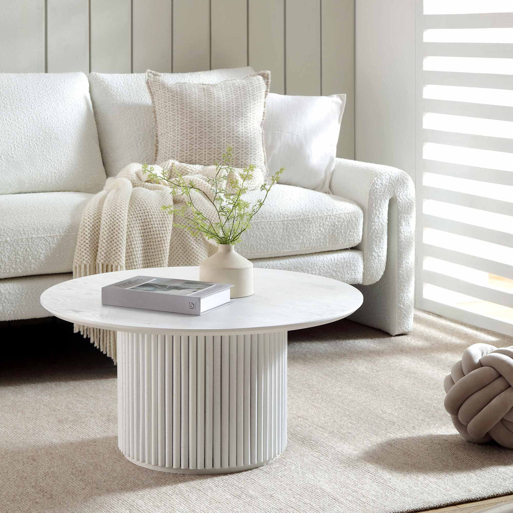 Maru Round Oak Pedestal Coffee Table — Washed White