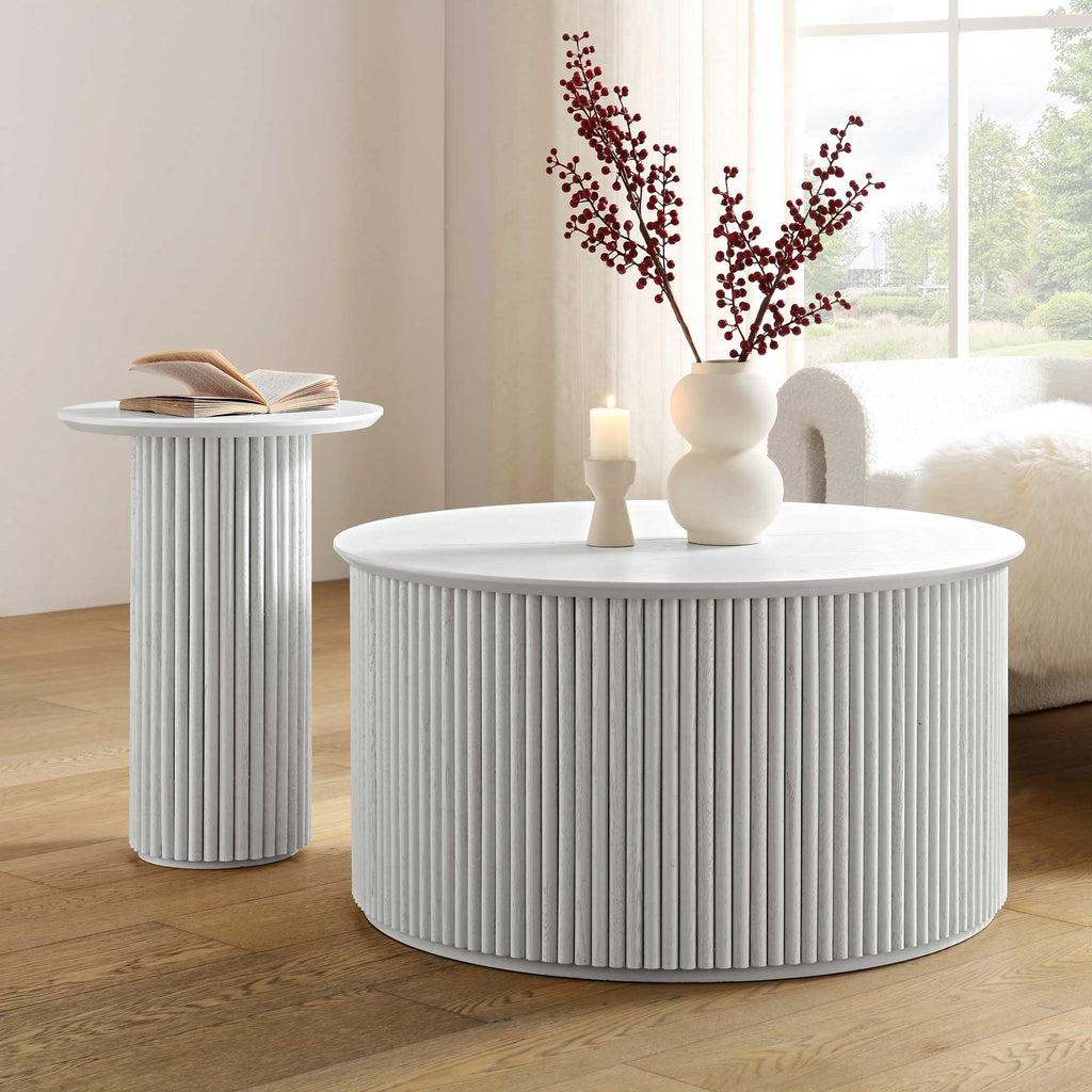 Maru Oak Round Coffee Table with Storage — Washed White