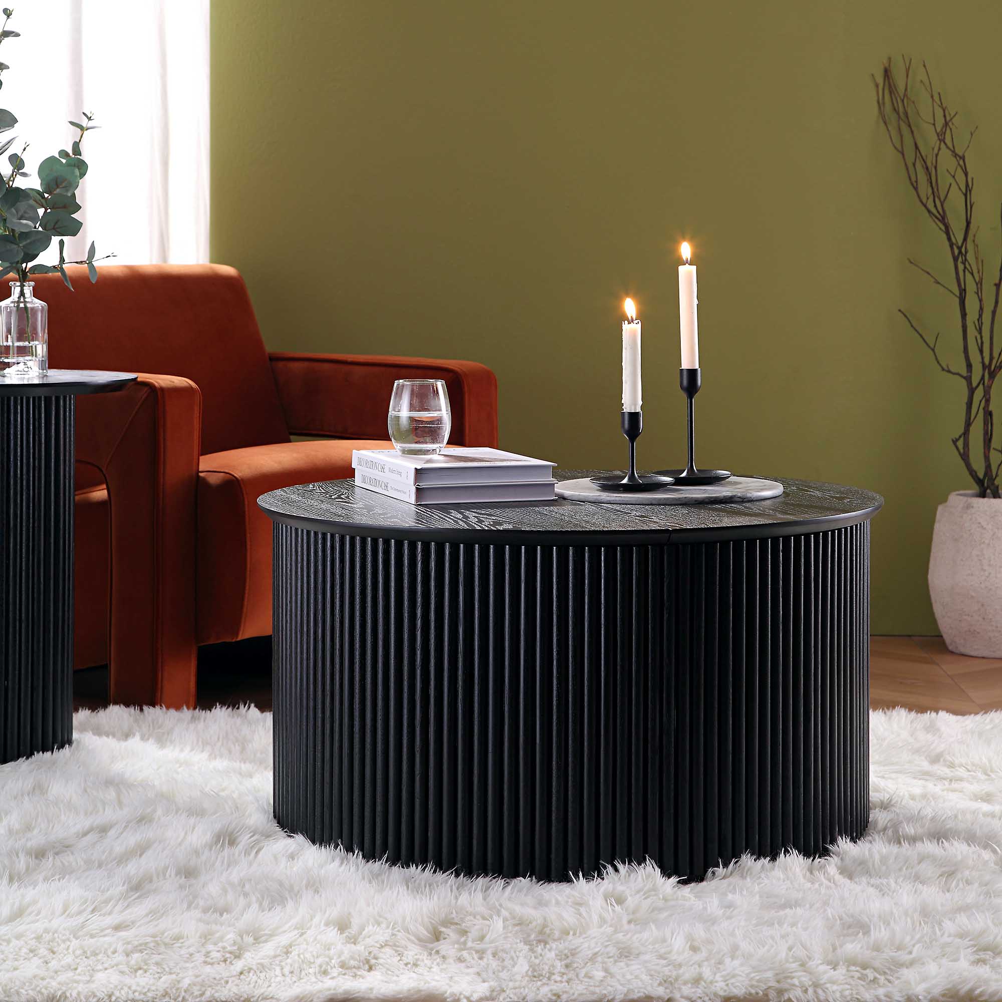 Maru Oak Round Coffee Table with Storage — Black