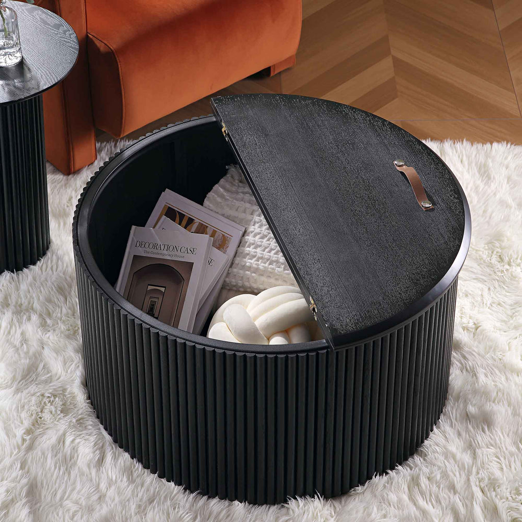 Maru Oak Round Coffee Table with Storage — Black