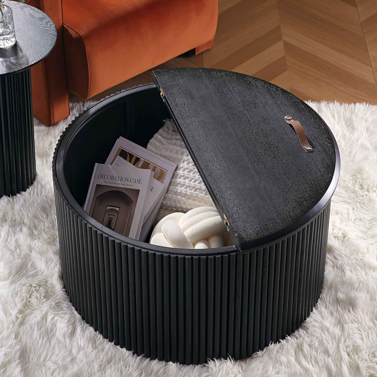Maru Oak Round Coffee Table with Storage — Black