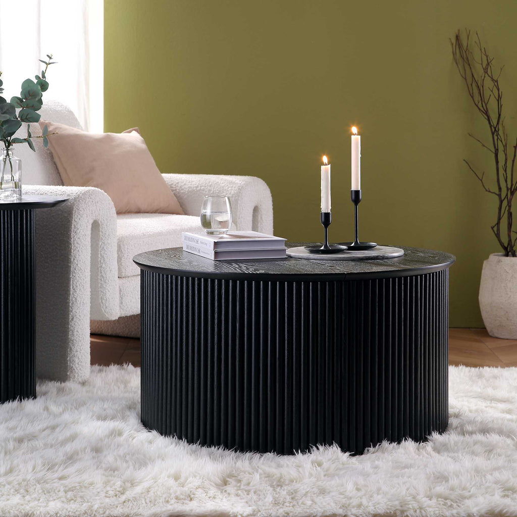 Maru Oak Round Coffee Table with Storage — Black