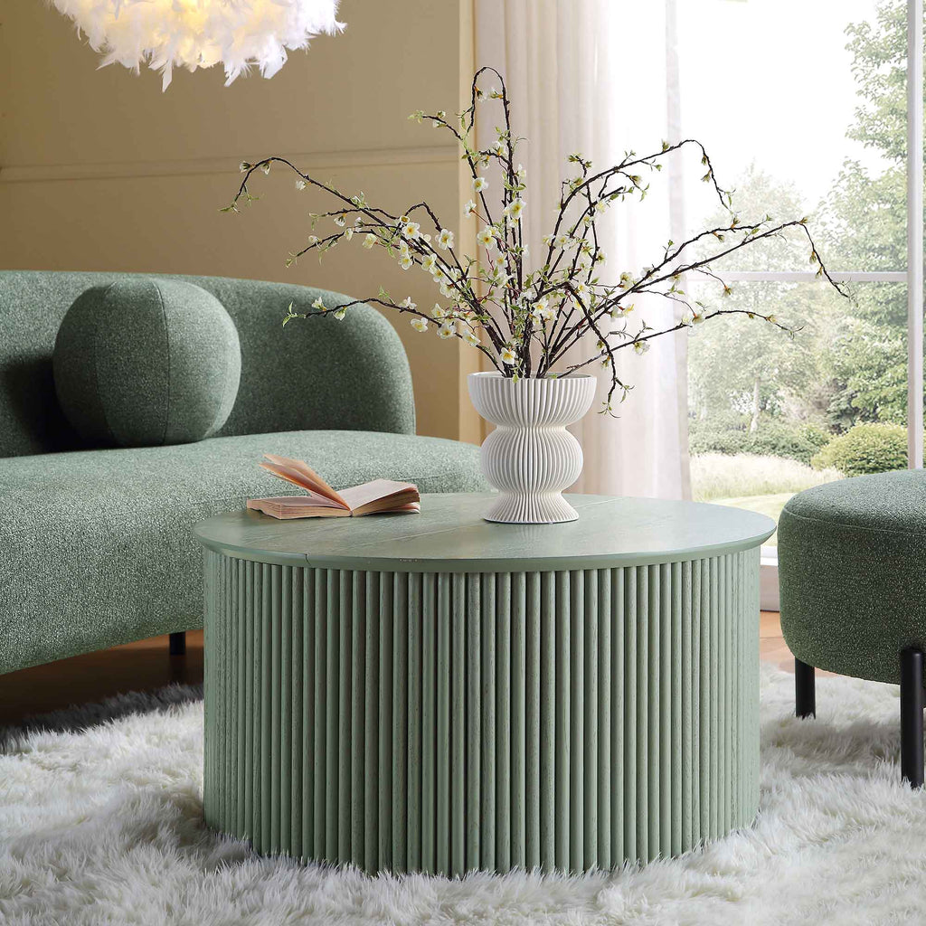 Maru Oak Round Coffee Table with Storage — Sage Green