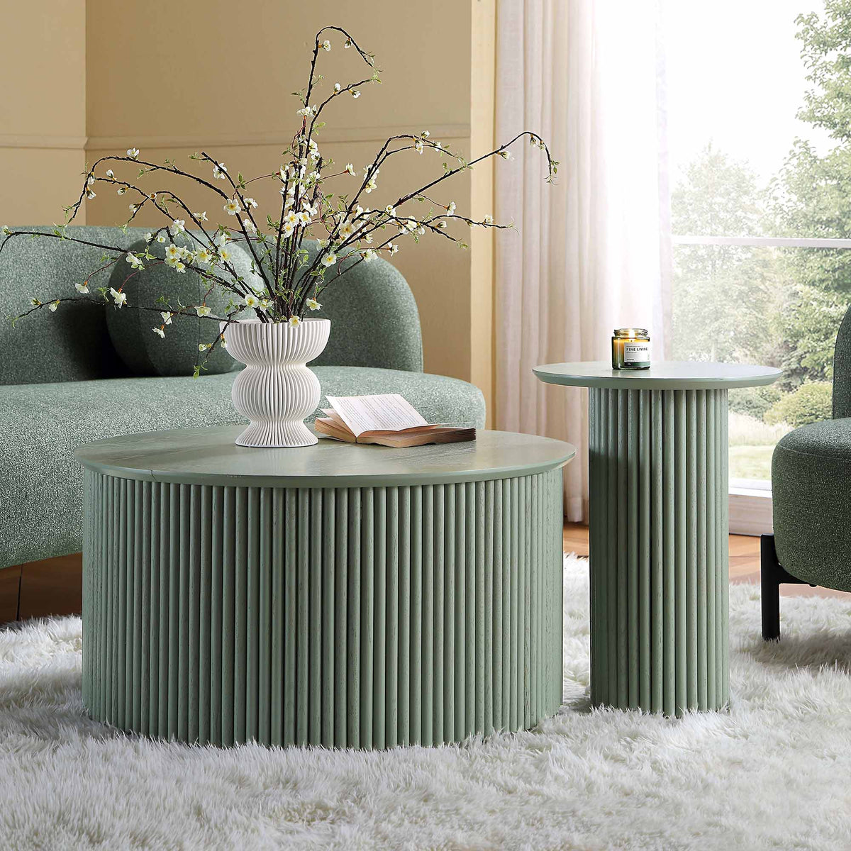 Maru Oak Round Coffee Table with Storage — Sage Green