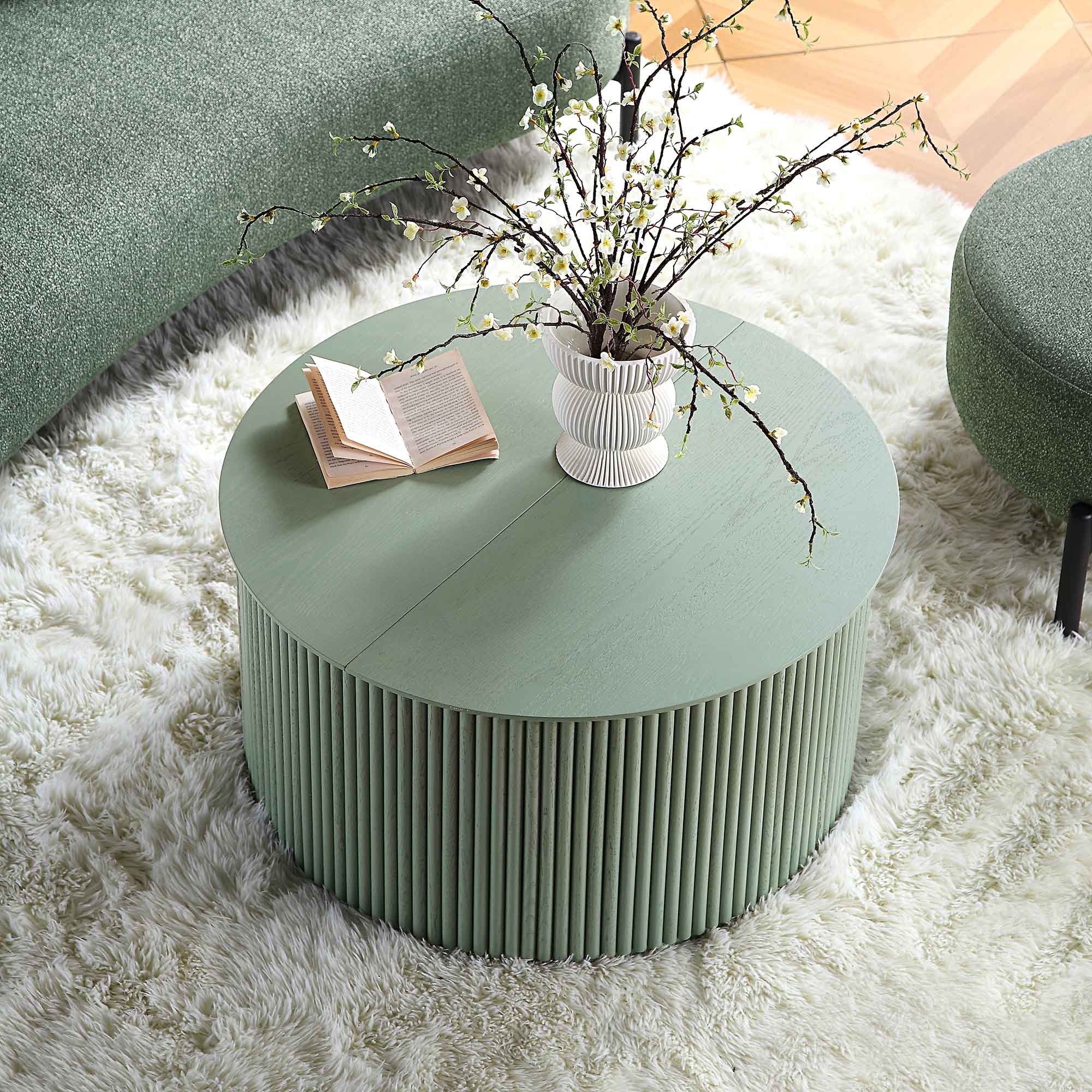 Maru Oak Round Coffee Table with Storage — Sage Green